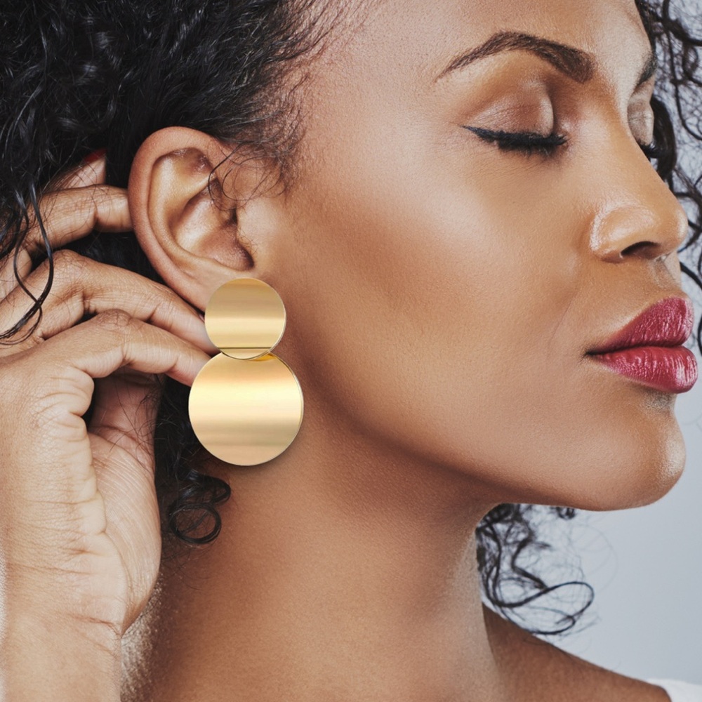 Double Circle Geo Gold Earrings - Picture 5 of 8